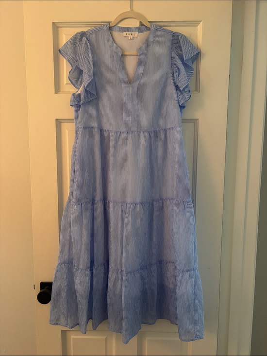 THML Dresses & Skirts - THML Light Blue Striped Tiered Ruffle-Sleeve Dress